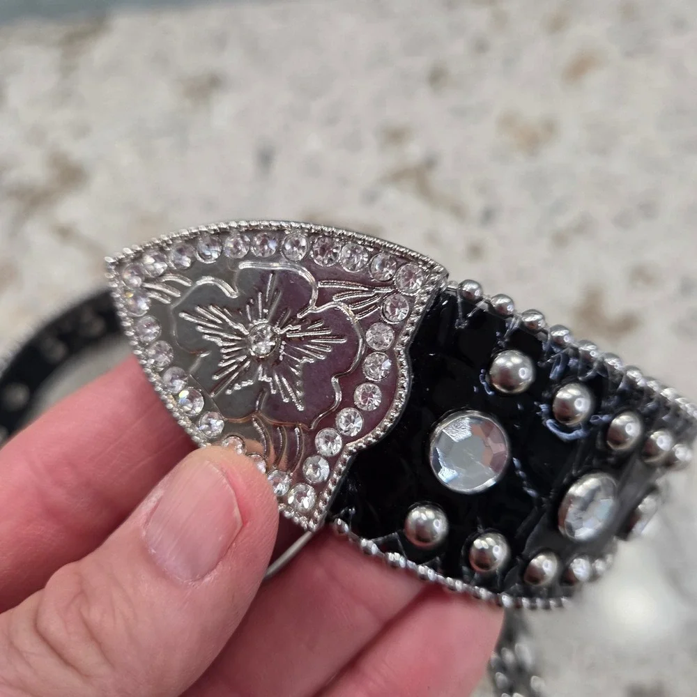Vintage Blazin Roxx Women Blk Croc Rhinestone Western Belt Silver Studded XL Y2K